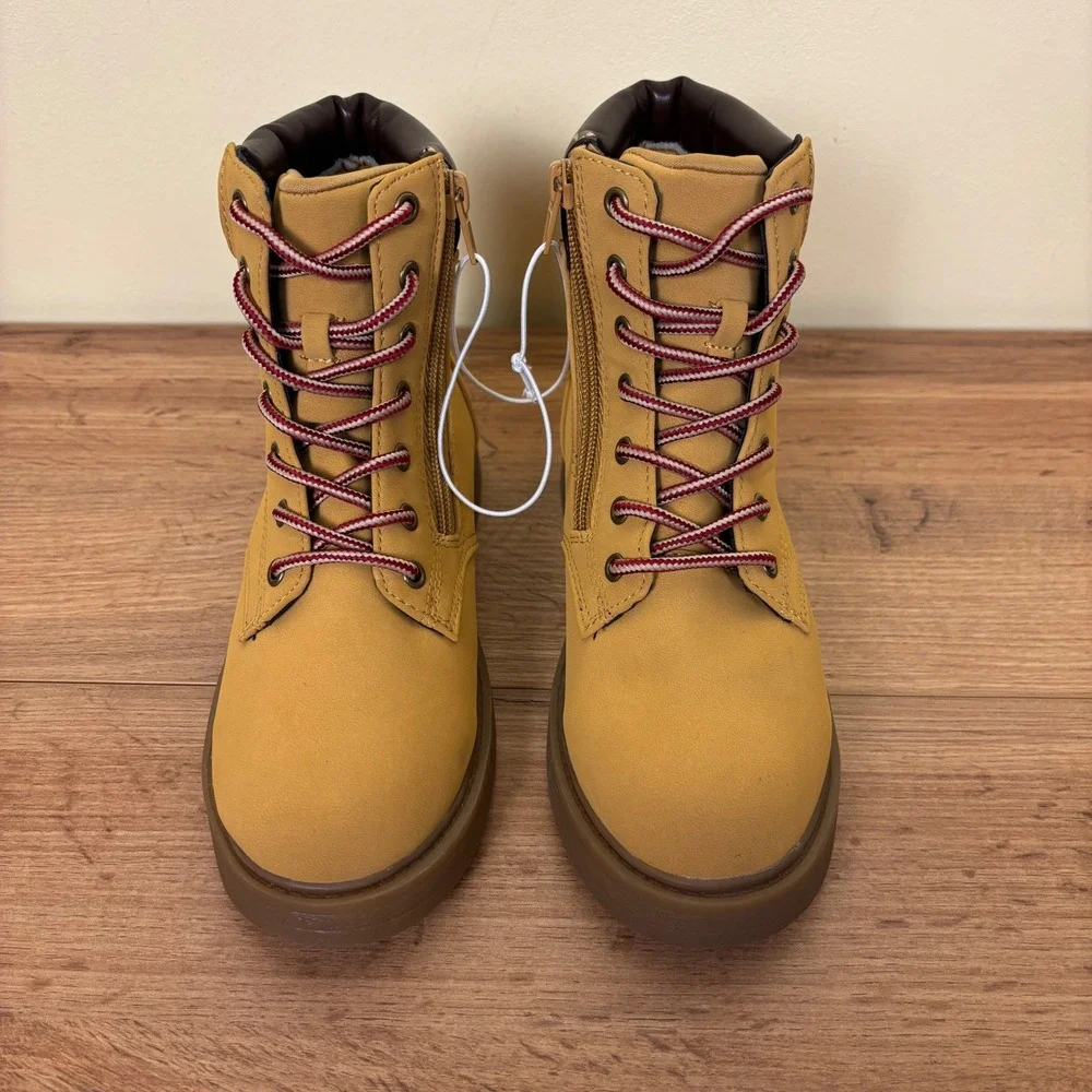 STEVE MADDEN JJumble Combat Boots Tan Kids Size 3 Side Zip Lace Up Low Heel